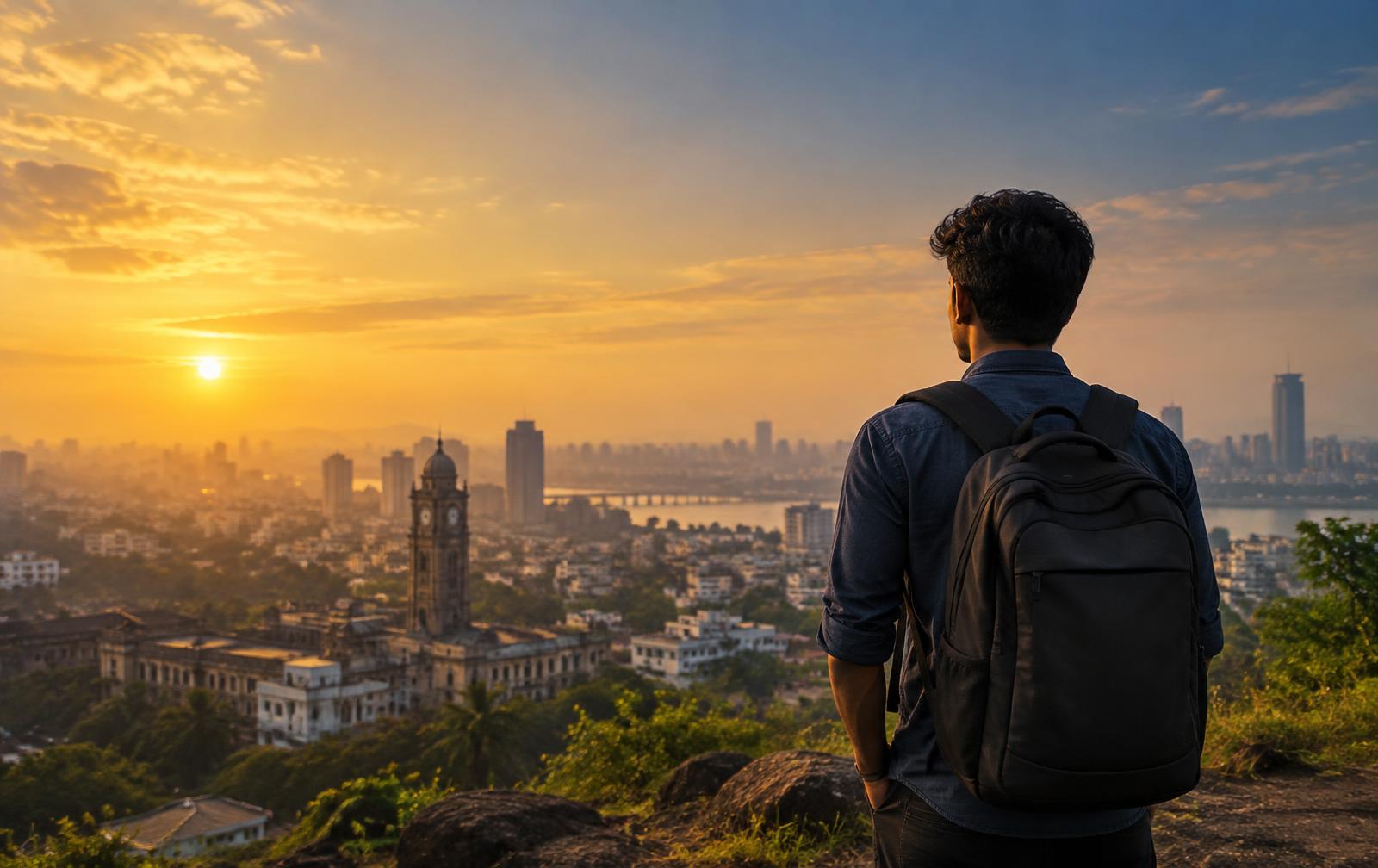 A student with a backpack looking out over a city at sunrise