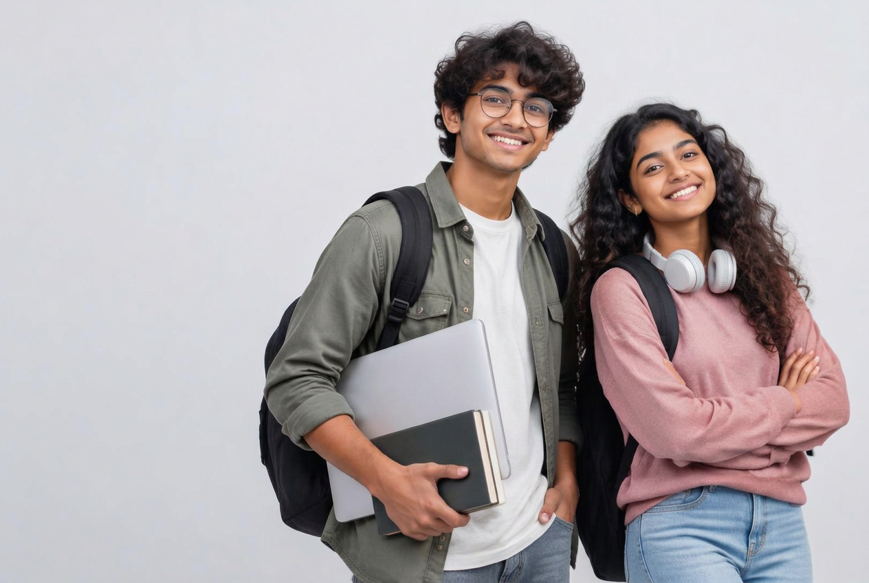 Two smiling students with backpacks, books and a laptop